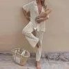 Suits Fashion Vintage Women Crochet Pants Set Casual Hollow Out V Neck Shirt and Wide Leg Pants Outfits Summer 2 Piece Loungewear