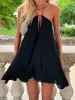 Elbise Hirigin Kadın Yular Boyun Formal Elbise Düz Renk Kokteyl Düğün Elbise için Gevşek Sırtsız Mini Gece Elbise