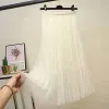 Saia peonfly elegante cintura alta tule saias femininas midi saias plissadas 2022 primavera verão coreano malha elástica tutu saias rosa azul