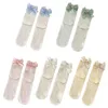 Women Socks Fashion Casual Cotton Solid Color Japanese JK Princess Ribbon Bowknot Ruffle Frilly Middle Tube