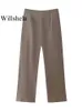 Willshela Women Fashion Two Piece Set Brown Pleated Halter Neck Tops & Straight Vintage Female Chic Lady Pants Suit