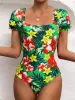 Anzüge sexy Square Collor Ein Stück Badeanzug 2022 Frauen Blumendruck bakcless gekräuseltes Badebekleidung Retro Kurzarm Badeanzug Monokini