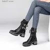 Botas femininas outono inverno couro genuíno preto metal cinto fivela meados de bezerro punk saltos grossos zip motocicleta zapatosh2435