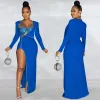 Robe Belle Haute Fente Corset Maxi Robe Nouveau Chic Femmes À Manches Longues Cristal Party Club Robe Célébrités Tenues Robe Feminino