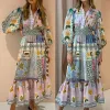 Dress Holiday Style 2023 Autumn New Women's Fashion Elegant and Casual Printing Bubble Sleeve Temperament High Waist Large Swing Dress