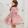 Robe de princesse en dentelle à paillettes pour filles, col en v, manches longues, courte, à fleurs, robe de bal, robes pour petites filles