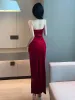 Kleid 2023 Sommer frauen Sexy Temperament zeremonielle kleid Eingewickelt Brust backless Hohe Split Samt Eingewickelt Hüfte Rot Lange kleid FQ4B