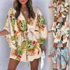 Cover-up Sexig Deep V Neck Jumpsuit för kvinnor Summer Casual Boho Beach Vacation Outfit Fashion Print Lantern Sleeve Rompers Shorts Women's