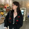 Cardigans Biyaby Autumn Sweet Cherry Knit Cardigans Women 2023 Button Up V Neck Sweaters Woman High Street Patchwork Cardigan Mujer Ins