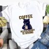 T-Shirts Coffee Cat Printed 100%Cotton Women's Tshirt Cat Mom Life Funny Summer Casual ONeck Short Sleeve Tops Coffee Lover Gift