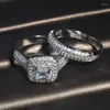 Cluster Rings S925 Silver All Diamond Style Two Piece Couple Ring Princess Fashion Luxury Women's Engagement Smycken