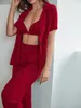 Женская одежда для сна, летняя рубашка из 3 предметов с короткими рукавами, рубашка на пуговицах и брюки, пижамный комплект с сексуальным бюстгальтером, однотонный красный топ с зубцами