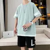 Summer new two-piece cotton short sleeved T-shirt and mens shorts set solid loose top and knee length pants sportswear 240305