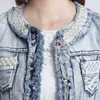 Kvinnorjackor Kvinnor Pearl Ostressed Short Denim Coat Fringe Jeans Beading Denim Jackets Ytterkläder 240305