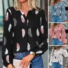 Kadın bluzları tüy baskı tişört v bahar sonbahar mevsimlerinde kadınlar için gevşek fit sokak kıyafetleri