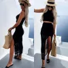 Cover-up Beachwear Women Summer Dress Vacation Outfits for 2023 New Ladies Split Skirt Two Piece Solid Spandex Beach CoverUp