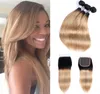 1B27 ombre blond haarbundels met sluiting 3 bundels met 4x4 vetersluiting Braziliaans steil haar Remy human hair extensions7306325