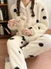 Women's Sleepwear Winter Women Coral Fleece Wave Point Pajama Sets Hooded Vintage Suit 2 Piece Thickening Night Wears Home Clothes