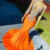 New Orange Prom Dress Sheer Neck Appliques Beads Long Satin Evening Gowns Black Girls Graduation Ocn Wears