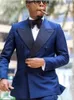 Mäns kostymer Navy Blue Double Breasted Wedding Tuxedo Suit Slim Fit Blazer med byxor perfekt för brudgummen Groom 2024