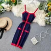 Casual Dresses Teeuiear Vintage 2024 Button Patchwork Slim Sexy Summer Sticked Short Bodycon Dress Spaghetti Strap Women Club Party