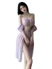 Robe Robe de fée chinoise violet Sexy déesse reine robe fendue haute robe sexy élégante maille dentelle pure transparente hauts à la mode S9IO