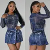 Robes de travail Imitation Denim 3D imprimé maille femmes deux pièces ensemble 2024 automne hiver à manches longues col rond body mini jupe streetwear