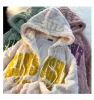 Parkas 2022 Winter Women's Flocking Embroidery Lamb Fleece Cotton Jacket Y2K Letter Zipper Oversize Hooded Sweatshirt Women's Clothing