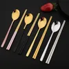 5Set Black Gold Portable Travel Cutlery Set Chopsticks Spoon 304 Stainless Steel Korean Dinnerware Luxury Tableware 240301