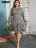 Klänningar gibsie plus size boho tryck casual elastisk midje klänning 2024 Spring New Women's Long Sleeve Oneck Ruffle Hem Mini Aline Dresses