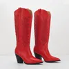 Botas Red Strass Cowboy para Mulheres Joelho Alto 2024 Traf Moda Bordado Western Cowgirl Sapatos de Inverno