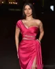 Prom Modest Fuchsia Dresses Satin One Shoulder Short Sleeves Slit Beaded Illusion Ruched Pleats Custom Made Evening Party Gowns Plus Size