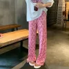 Capris Pink Love Heart Wide Leg Pants Kvinnor veckad stil Ny hög midja raka benbyxor mode lösa svepande byxor