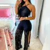 Elegant Jumpsuit Women Summer Halter Sleeveless Crochet Lace High Slit See Through Holiday Long Sexy Long Suits240305