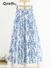 Dresses Qooth Spring Summer Women Highwaisted Blue Floral Printed Skirts Cotton Linen Casual Midi Skirt Qt1716