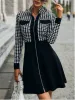 Kleid Damen Frühling Herbst Winter Elegante Nähte Kleid Mode Hahnentritt Langarm Reißverschluss Damen Vogel Gitter Retro Kleidung