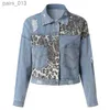 Women's Jackets Short Denim Jackets for Leopard Patchwork Coat Female Ladies Jean Plus Size Xl 240305