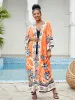 Cover-up Summer Orange Boho Printed Self Belted Front Open Long Kimono Dress Beachwear Tunic Women Swimsuit Cover Up Cozy Housr Robe Q996