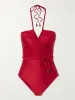 Effen Kleur Halter Een Stuk Badpak Rood Strand Badmode Vrouwen Sexy Bandeau Bikini Monokini Badpak Beachwear 2024