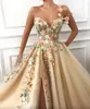 Sexy Split Flowers One Shoulder A line Tulle Prom Dresses Backless Evening Gowns