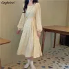 Dress Puff Sleeve Floral Long Dress Womens High Waist Light Yellow Sweet Temperament ALine Leisure Fresh Ulzzang Retro Maxi Ins Young