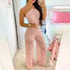 Elegant Jumpsuit Women Summer Halter Sleeveless Crochet Lace High Slit See Through Holiday Long Sexy Long Suits240305