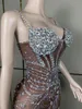 스테이지웨어 반짝이는은 모조리 거울 탄성 직물 긴 드레스 여자 생일 연극 축하 댄서 파티 쇼