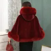 Mulheres de pele com capuz capas capa inverno engrossar quente com capuz pele xale branco vermelho preto vestido de casamento noiva capa de pele ponchos com chapéu