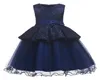 Elegant ny ankomst Flower Girls Dresses Children Navy Blue Sleeveless Tulle Party Wedding Dresses Fashion Kids Clothes7015701