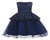 Elegante nova chegada flor meninas vestidos crianças azul marinho sem mangas tule festa de casamento vestidos moda crianças roupas 7015701