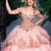 Rosa glänzendes Quinceanera-Kleid aus der Schulter, Ballkleid, goldene Spitze, Perlen-Tull-Korsett, süßes 16-Kleid, Vestidos de XV 15 Jahre