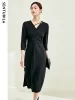 ドレスセントビラ女性のためのエレガントな黒いドレス秋Vneckスリットミディオフィスレディシンプル3クォータースリーブドレス女性133L50418