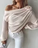 Women's T Shirts For Color Solid Blouses 2024 Spring Summer Rose Detail Ruched Skew Neck Long Sleeve Chiffon Elegant Sexy Top