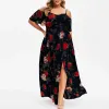 Robes Bohème Hors Épaule Imprimé Floral À Manches Courtes D'été Décontracté Grande Taille Vêtements Taille Haute Femmes Fente Slip Cheville Longueur Robe